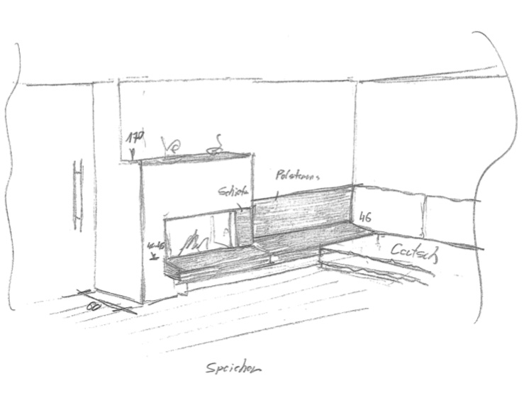 Planung Kachelofen Ofenbank Handskizze